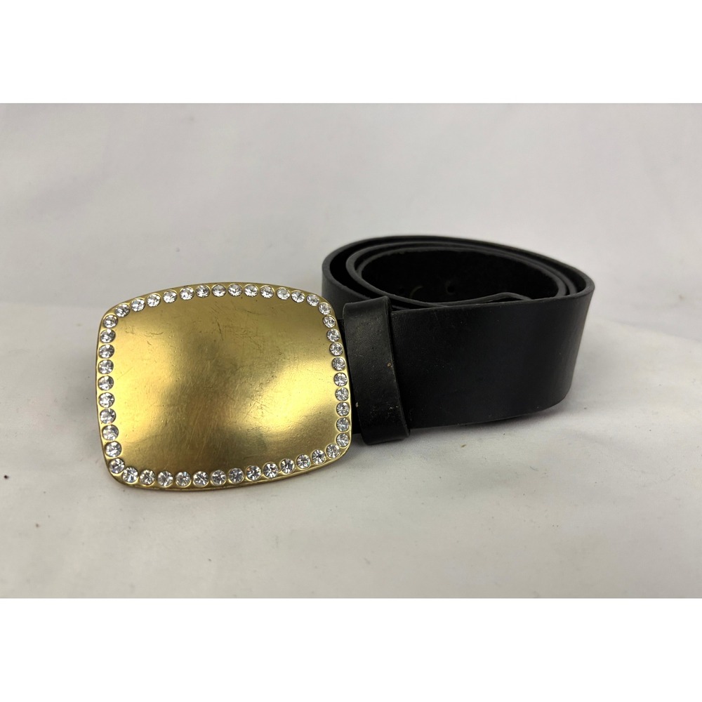Y2K Wide Leather Belt Gold Rhinestone Buckle Western Festival Statement Black